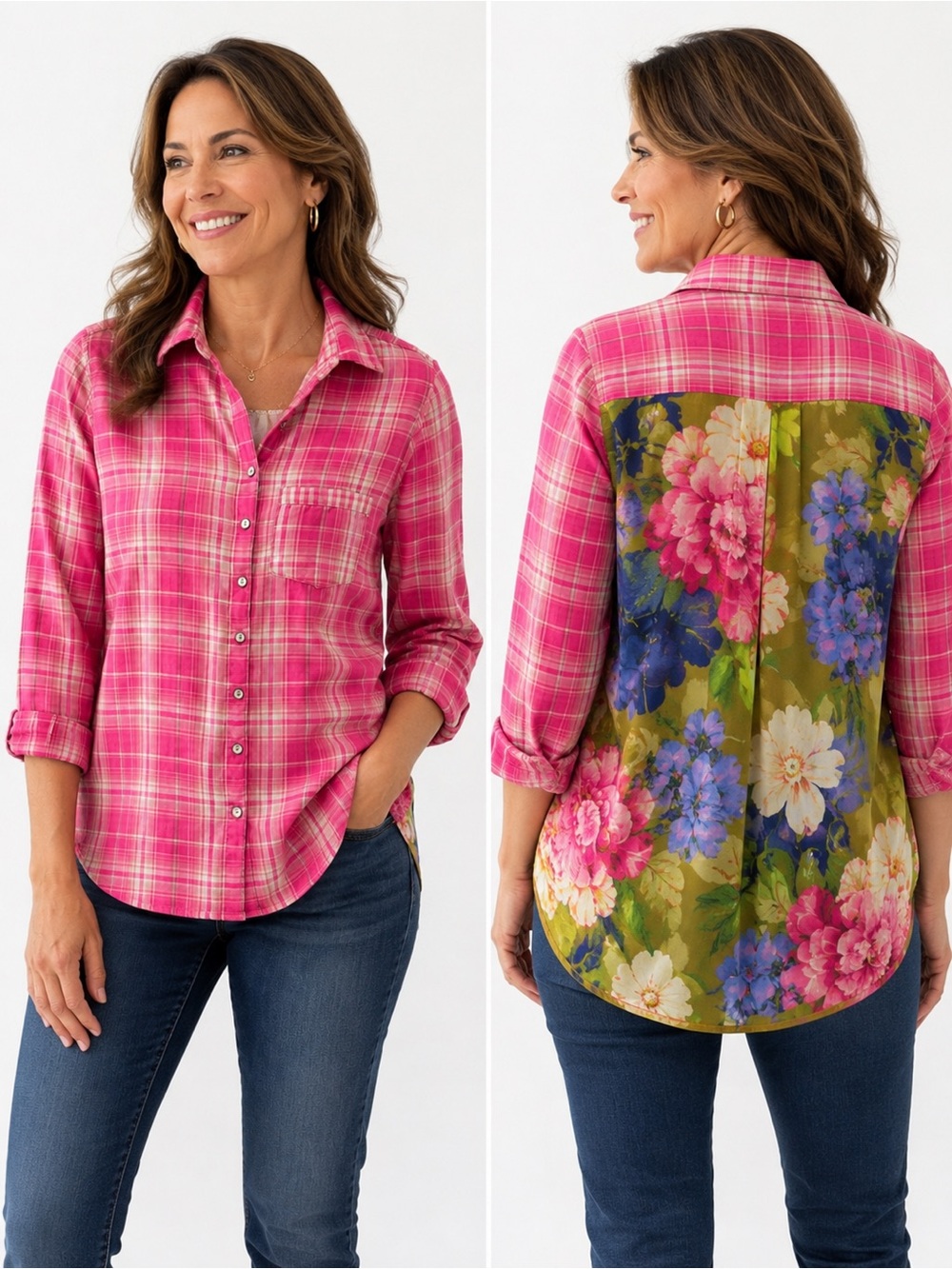 Soft Surroundings 100% cotton Pink Plaid Button-Down with Floral Back M